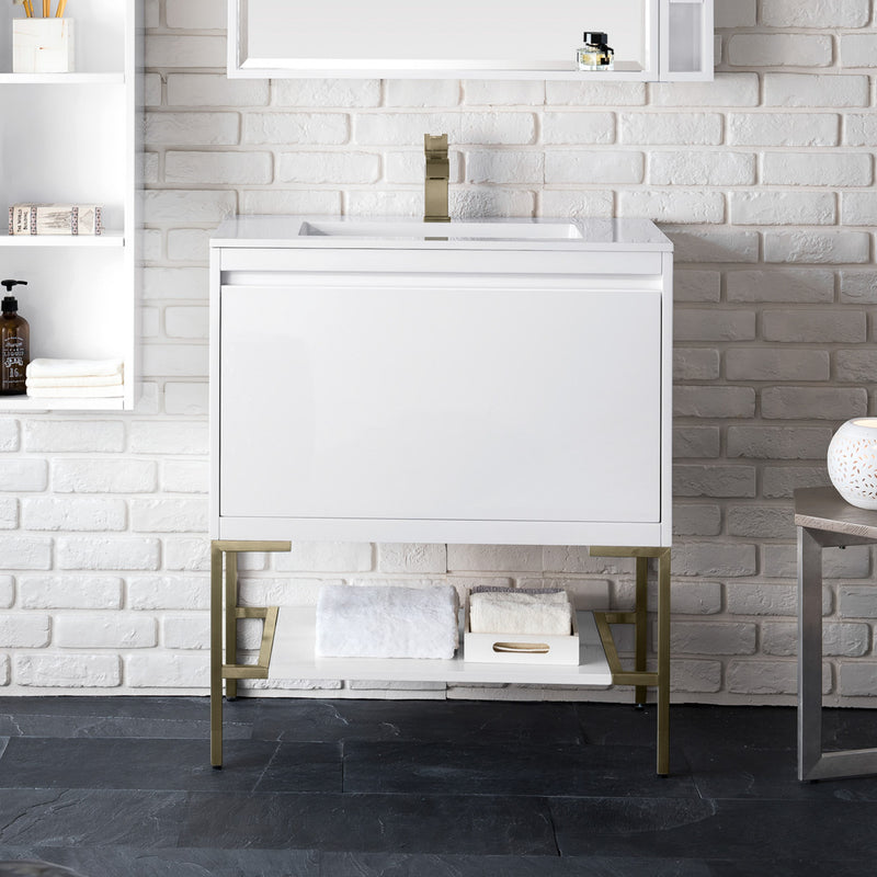 31.5" Mantova Single Bathroom Vanity, Glossy White w/ Champagne Brass Base