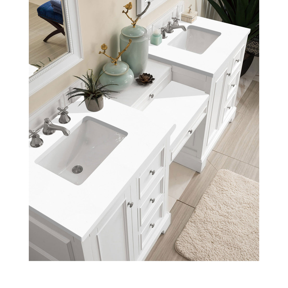 82" De Soto Double Bathroom Vanity with Makeup Counter, Bright White - vanitiesdepot.com