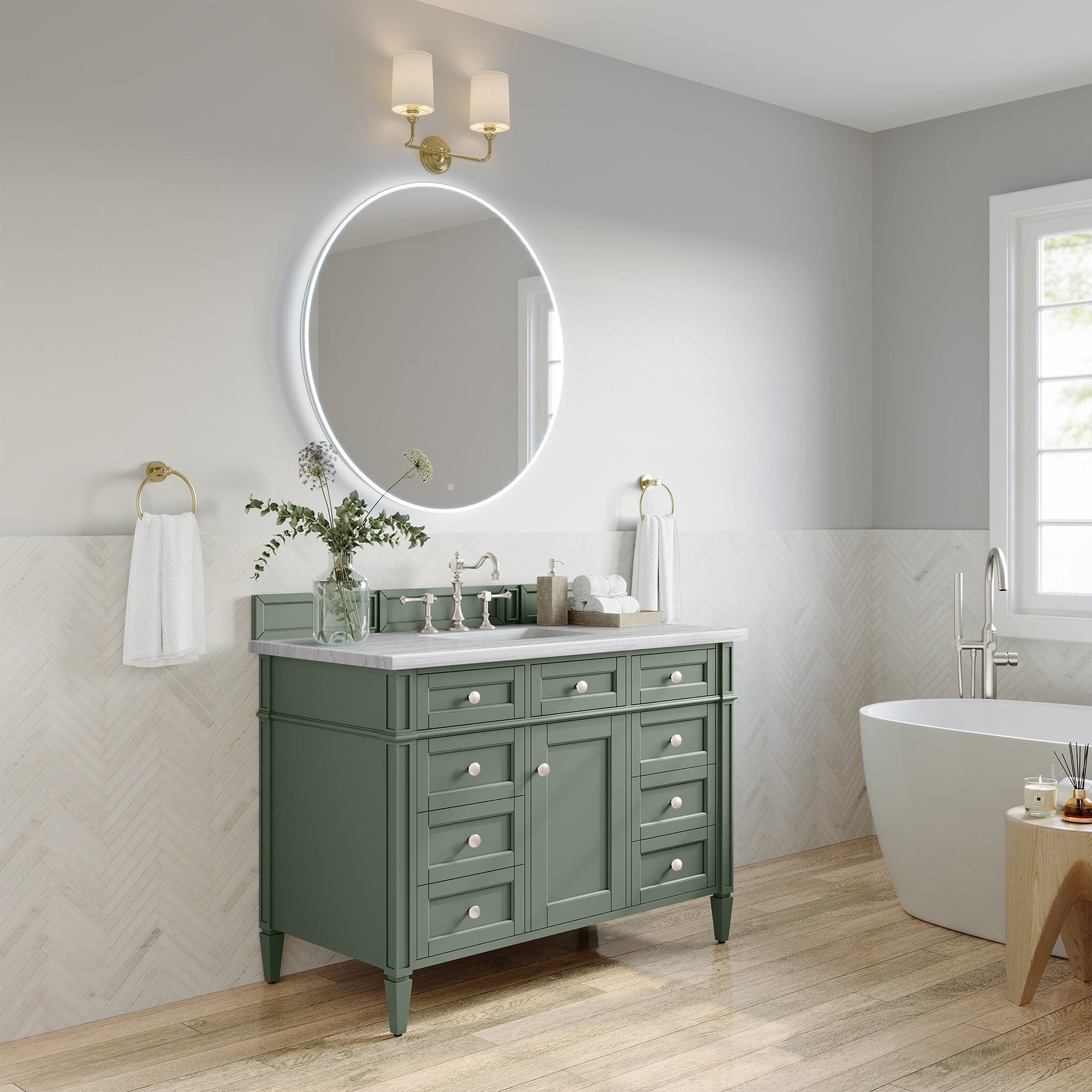 Brittany Single Vanity in Smokey Celadon Green with Champagne Brass Hardware