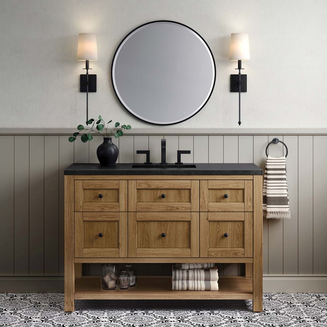 Breckenridge Vanity in Light Natural Oak with Charcoal Soapstone Countertop in a Craftsman style bathroom