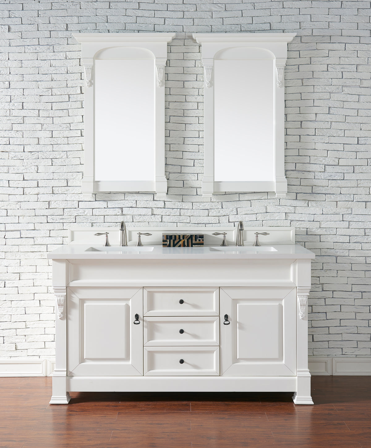 60" Brookfield Double Bathroom Vanity, Bright White w/ White Zeus Quartz Top