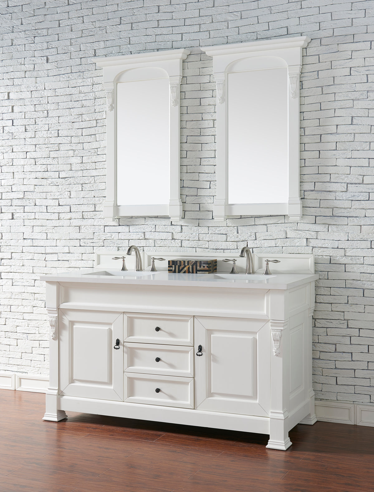 60" Brookfield Double Bathroom Vanity, Bright White w/ White Zeus Quartz Top