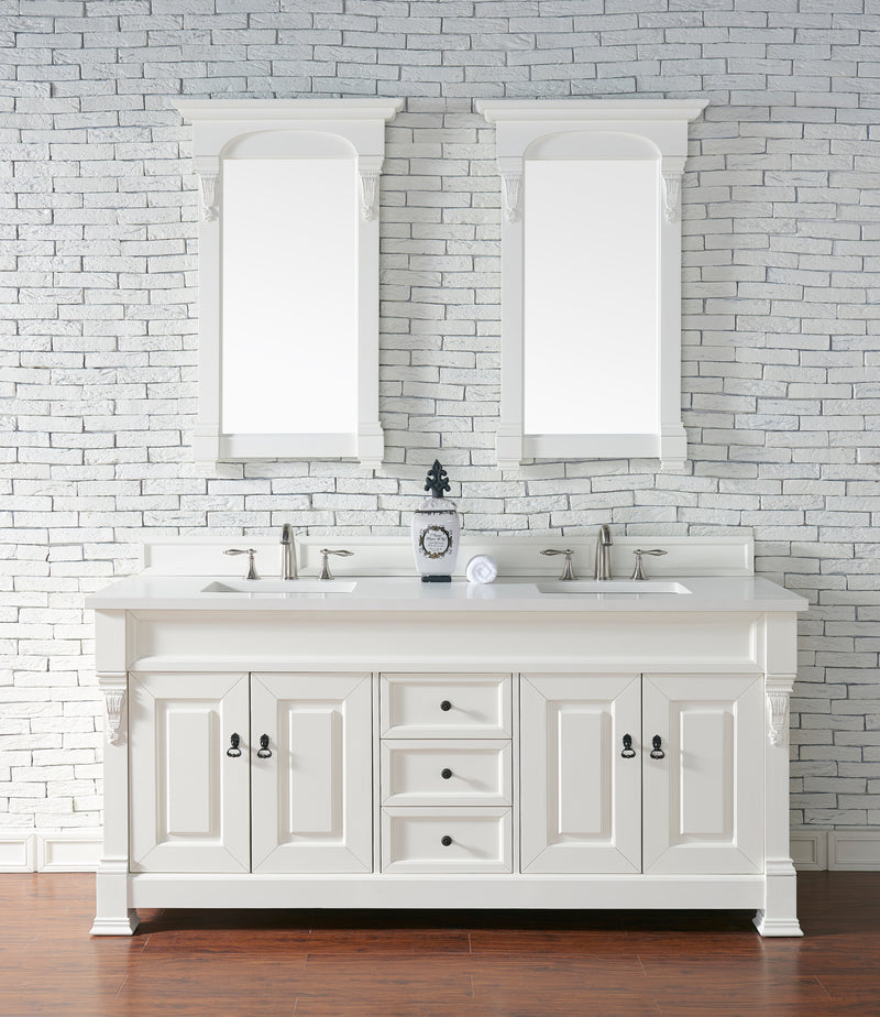 72" Brookfield Double Bathroom Vanity, Bright White w/ White Zeus Quartz Top