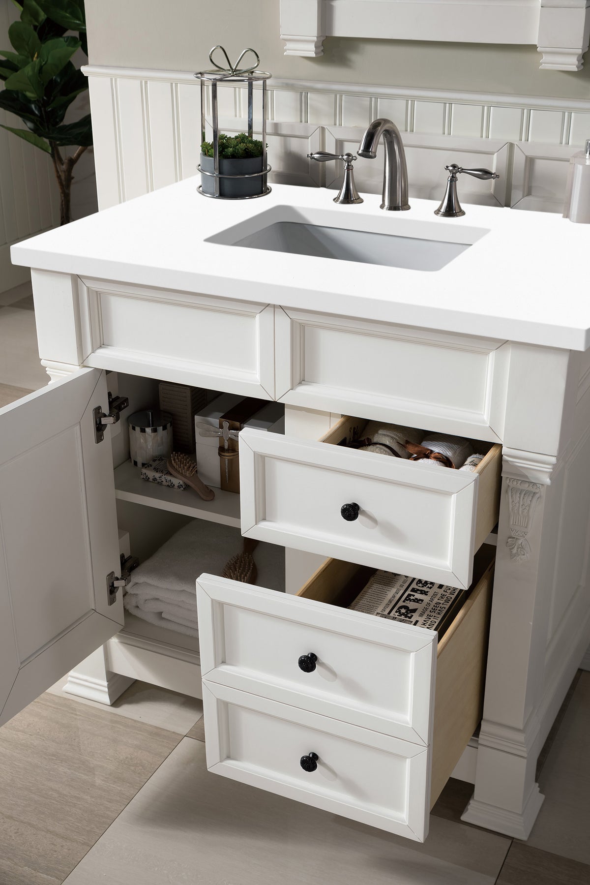 36" Brookfield Single Bathroom Vanity, Bright White w/ White Zeus Quartz top