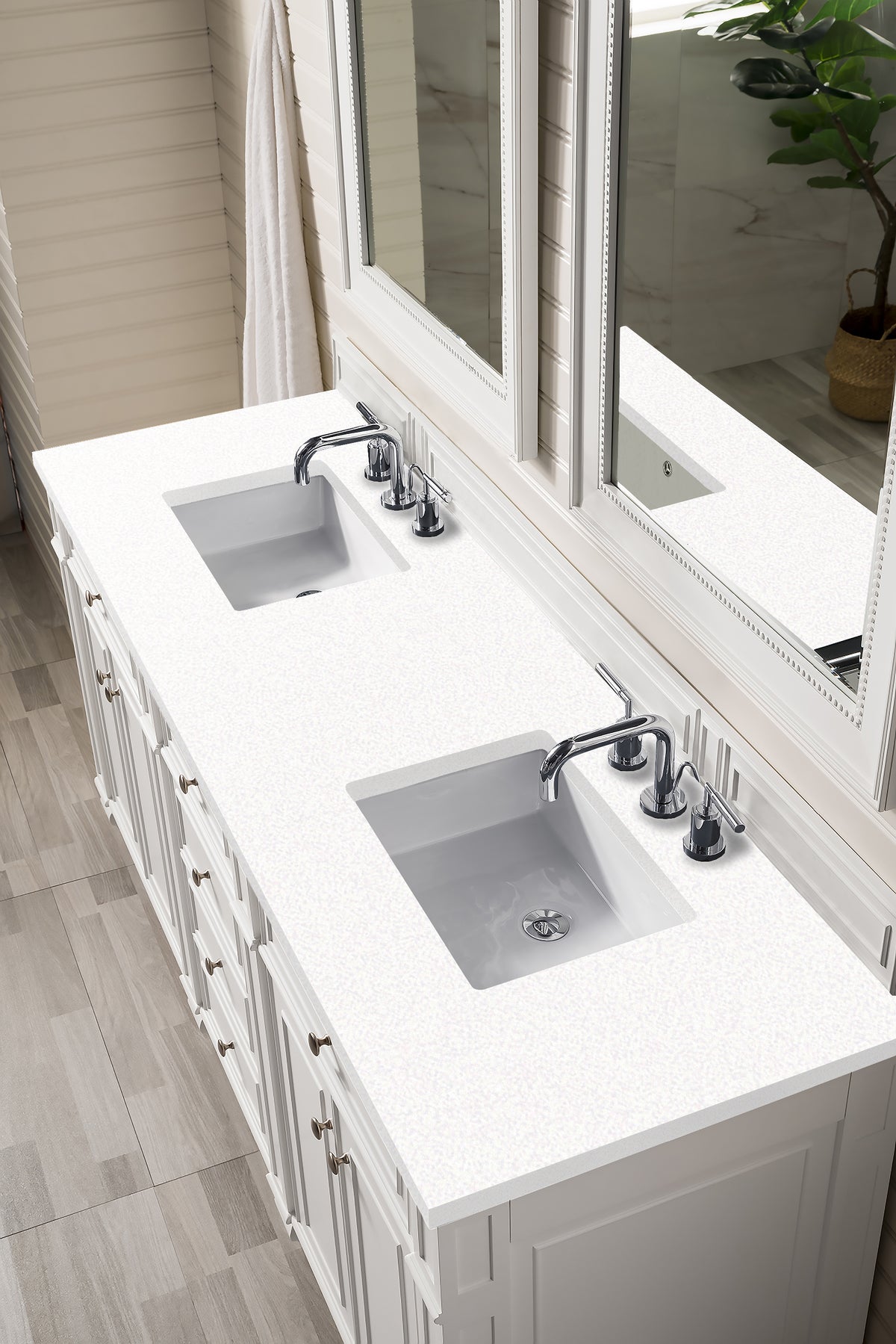 72" Bristol Double Bathroom Vanity, Bright White, w/ White Zeus Quartz Top