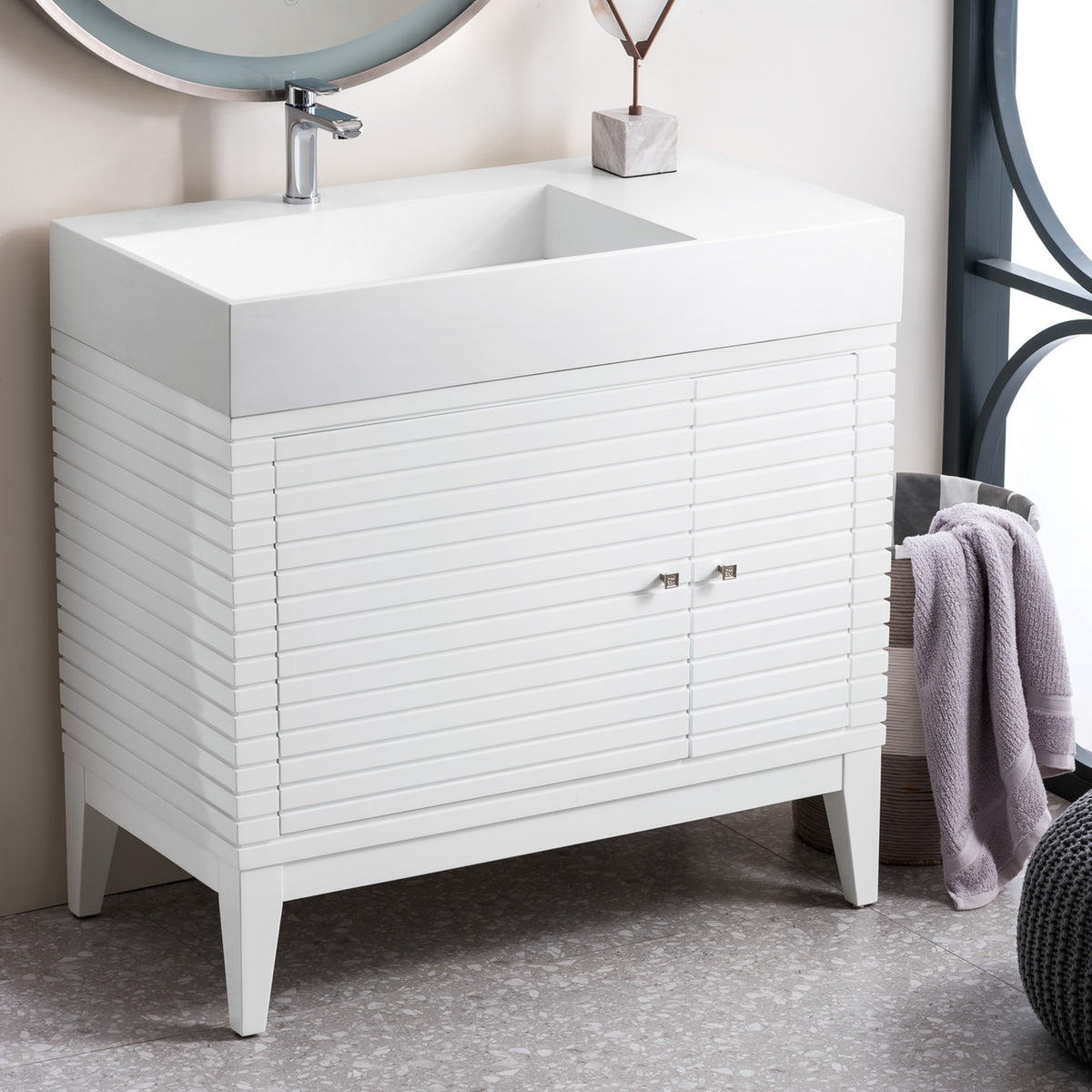 36" Linear Single Bathroom Vanity, Glossy White with Glossy White Composite Top