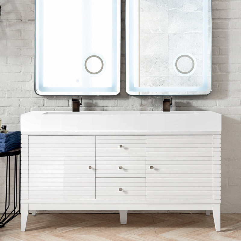 59" Linear Double Bathroom Vanity, Glossy White with Glossy White Composite Top