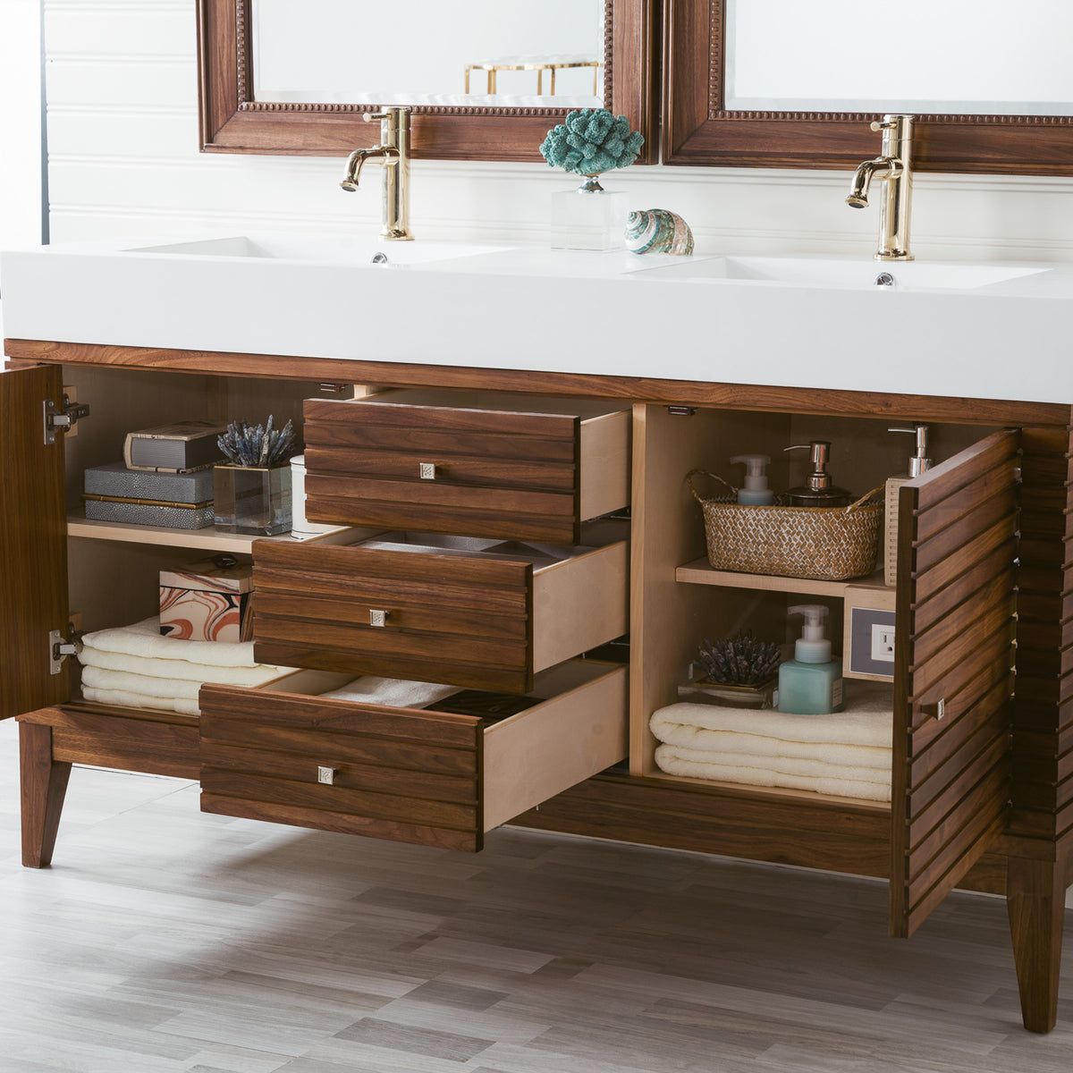 59" Linear Double Bathroom Vanity, Mid-Century Walnut with Glossy White Composite Top
