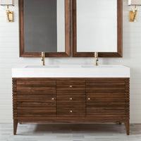 59" Linear Double Bathroom Vanity, Mid-Century Walnut with Glossy White Composite Top