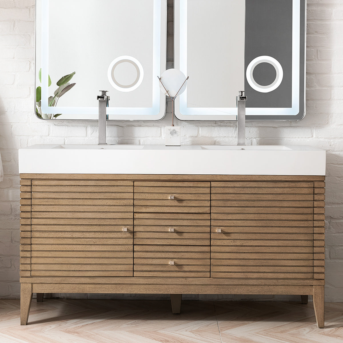 59" Linear Double Bathroom Vanity, Whitewashed Walnut with Glossy White Composite Top