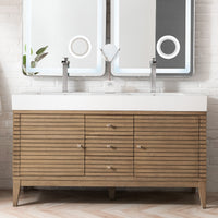 59" Linear Double Bathroom Vanity, Whitewashed Walnut with Glossy White Composite Top