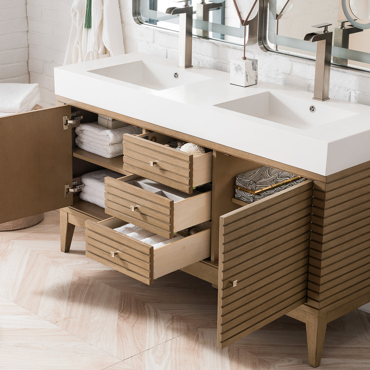 59" Linear Double Bathroom Vanity, Whitewashed Walnut with Glossy White Composite Top