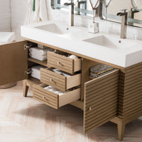 59" Linear Double Bathroom Vanity, Whitewashed Walnut with Glossy White Composite Top