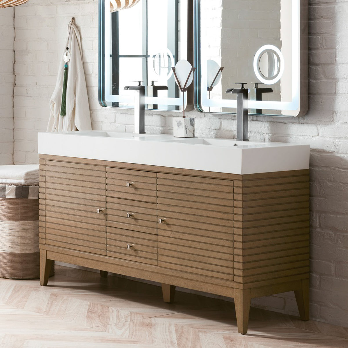 59" Linear Double Bathroom Vanity, Whitewashed Walnut with Glossy White Composite Top
