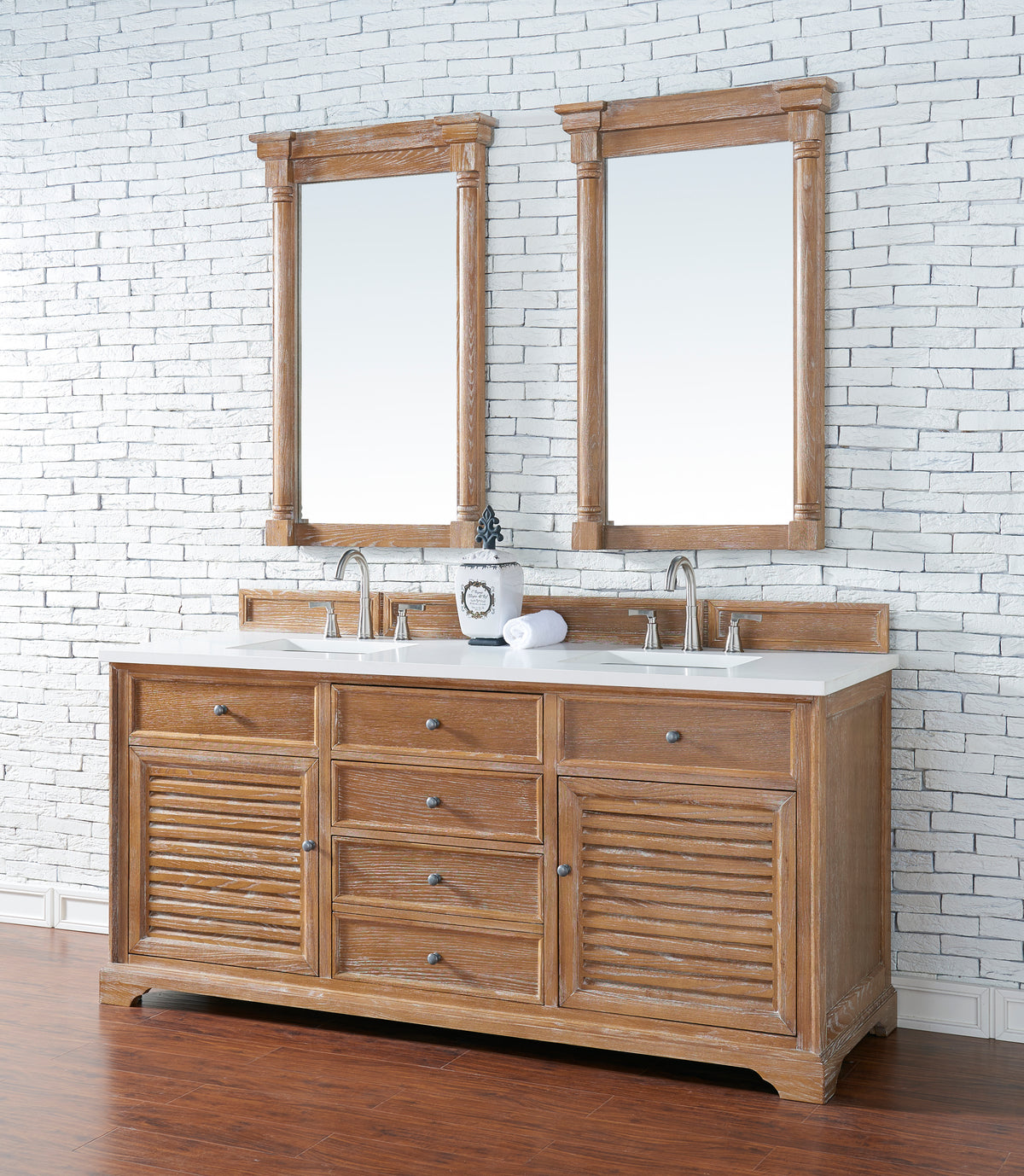72" Savannah Double Bathroom Vanity, Driftwood w/ White Zeus Quartz Top