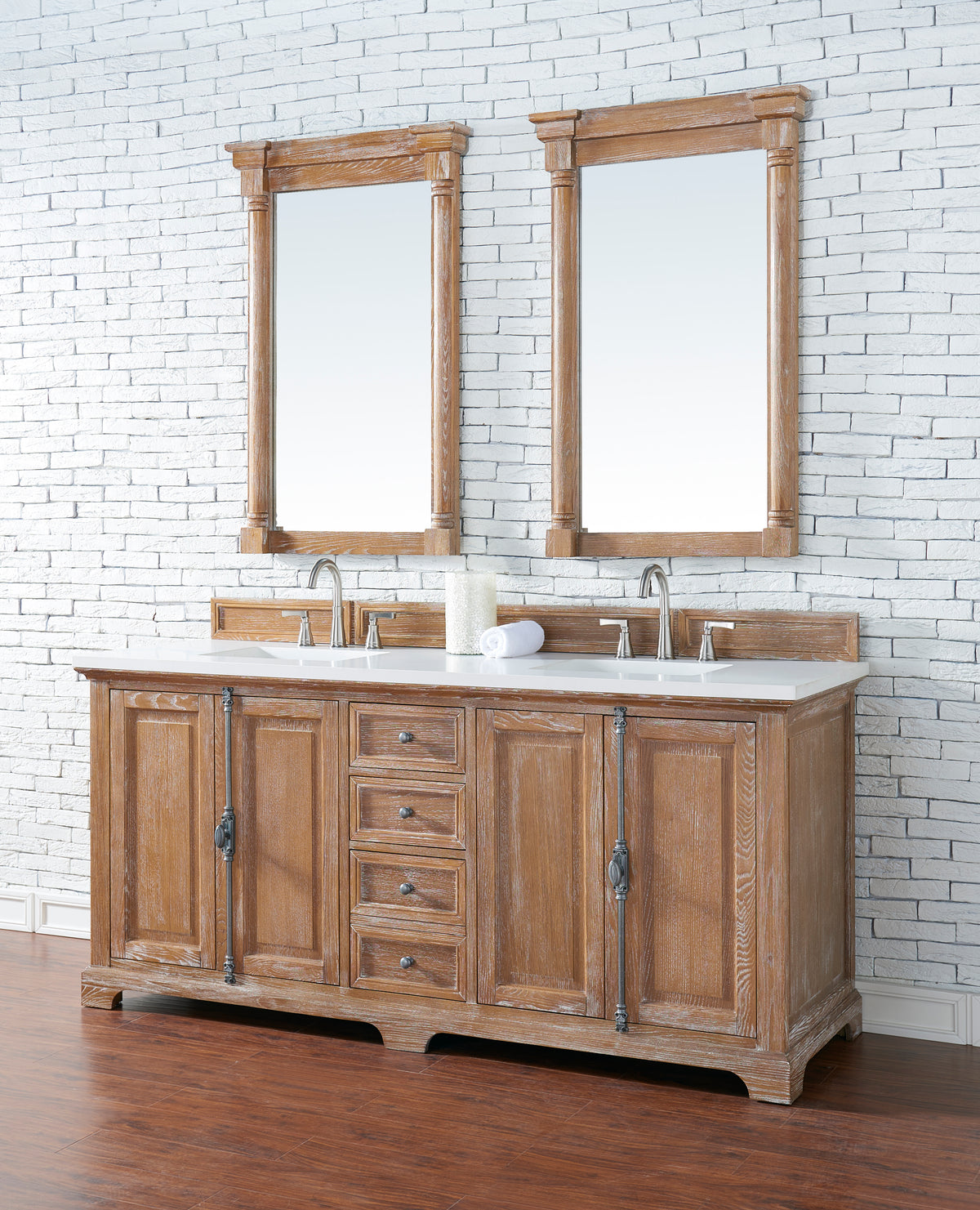 72" Providence Double Bathroom Vanity, Driftwood w/ White Zeus Quartz Top