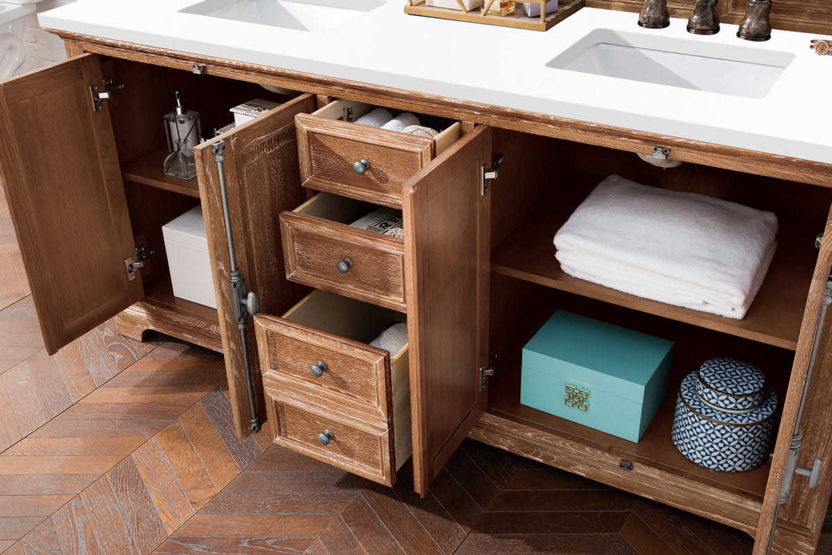 72" Providence Double Bathroom Vanity, Driftwood w/ White Zeus Quartz Top