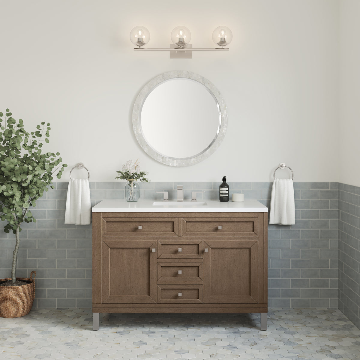 48" Chicago Single Bathroom Vanity, Whitewashed Walnut w/ White Zeus Quartz Top