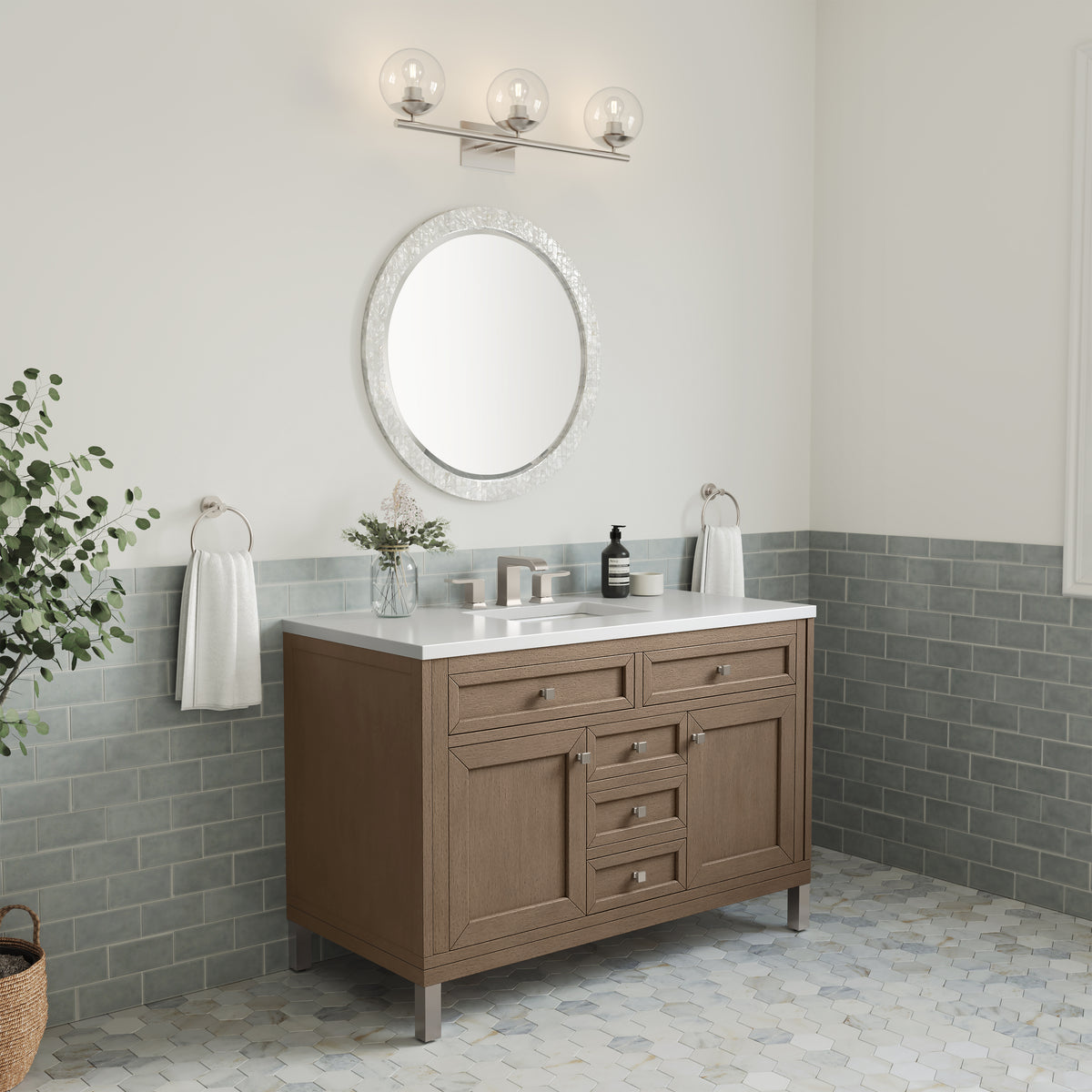 48" Chicago Single Bathroom Vanity, Whitewashed Walnut w/ White Zeus Quartz Top