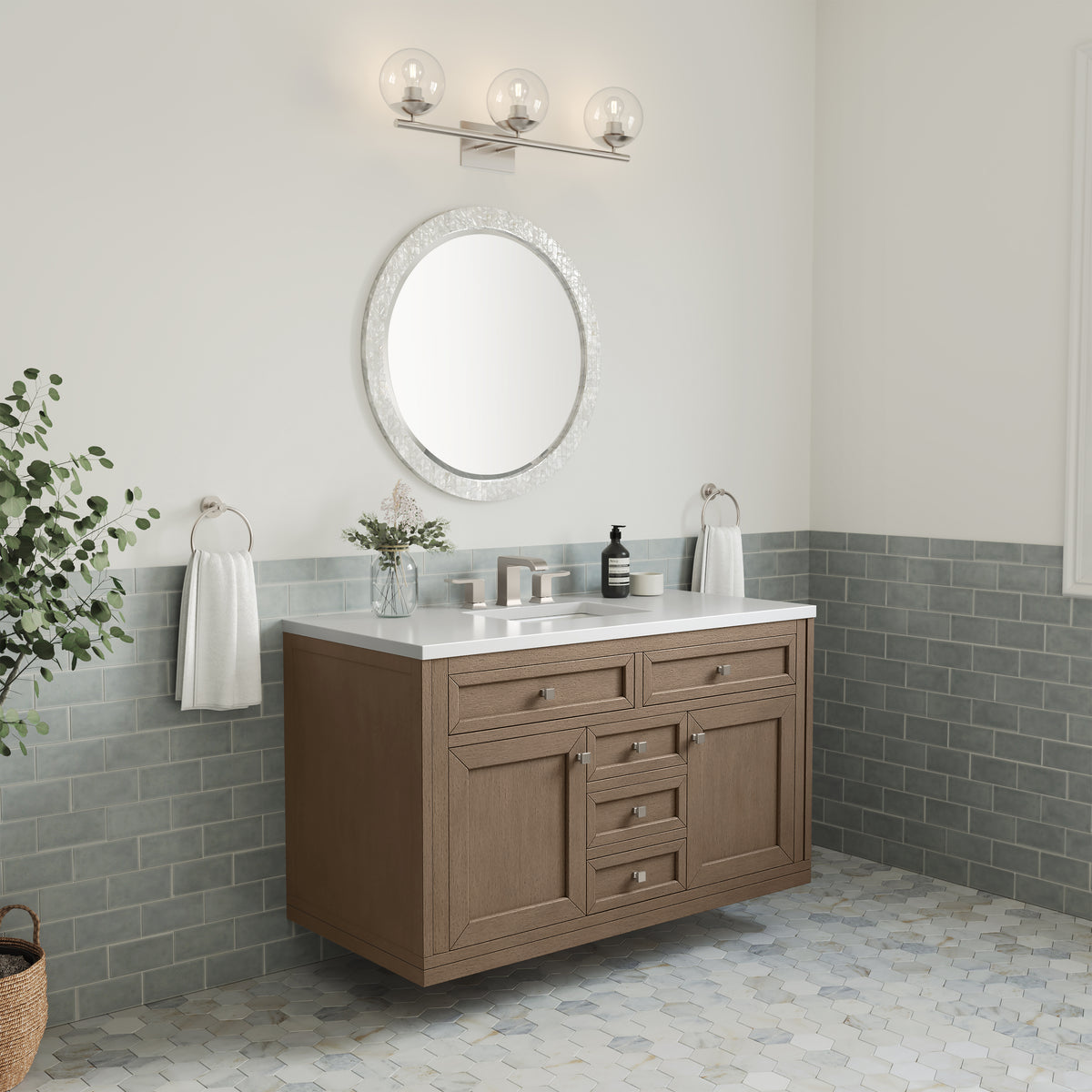 48" Chicago Single Bathroom Vanity, Whitewashed Walnut w/ White Zeus Quartz Top