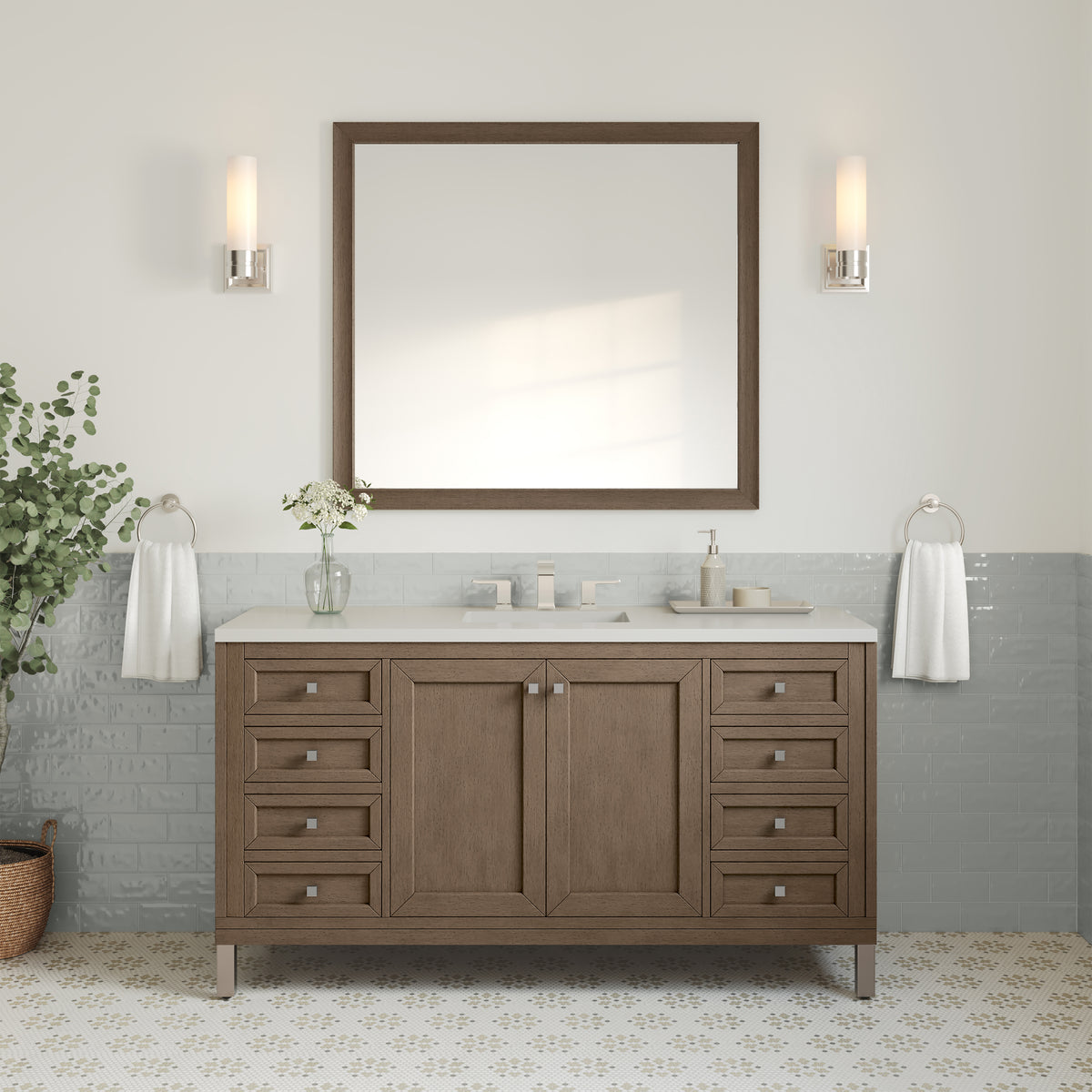 60" Chicago Single Bathroom Vanity, Whitewashed Walnut w/ White Zeus Quartz Top