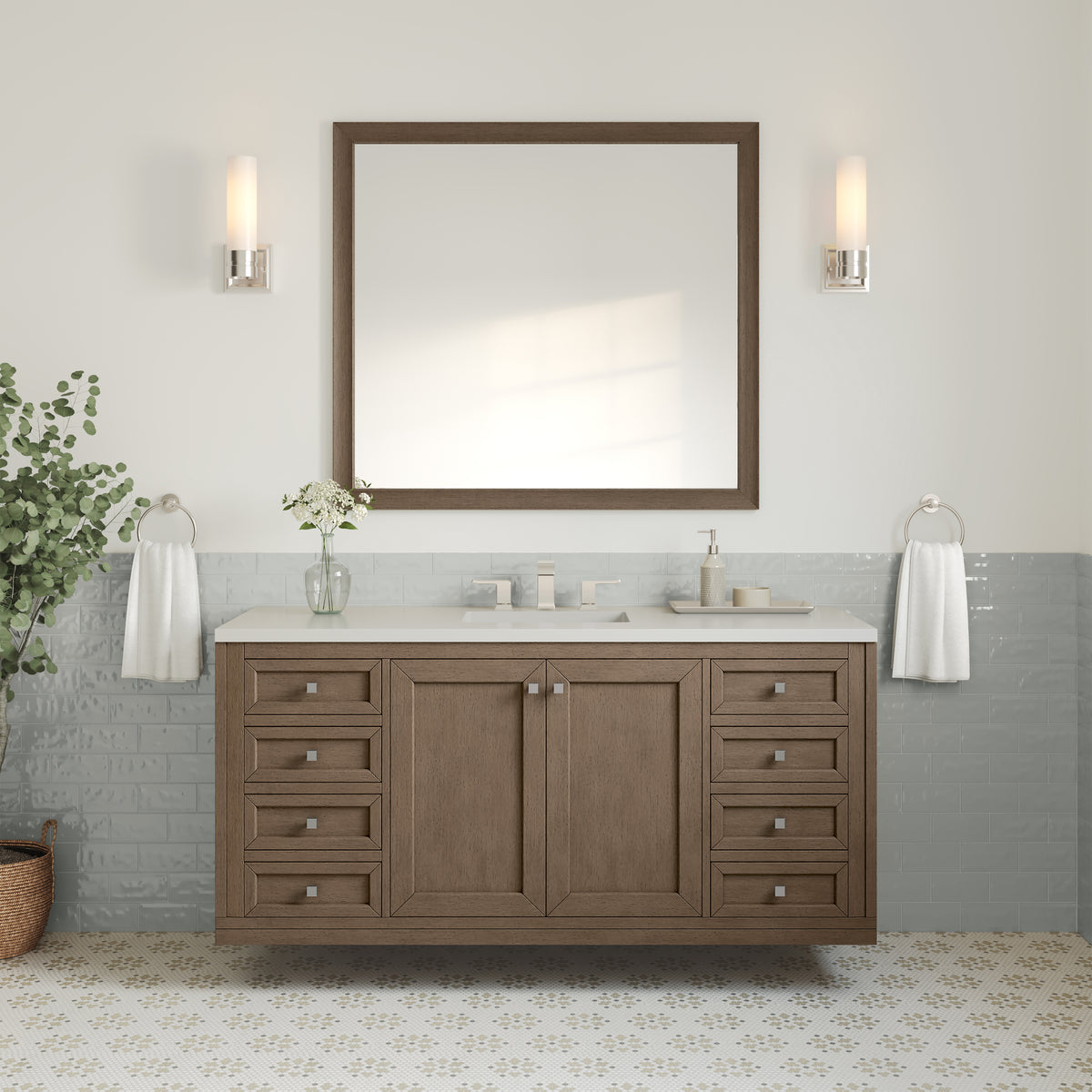 60" Chicago Single Bathroom Vanity, Whitewashed Walnut w/ White Zeus Quartz Top