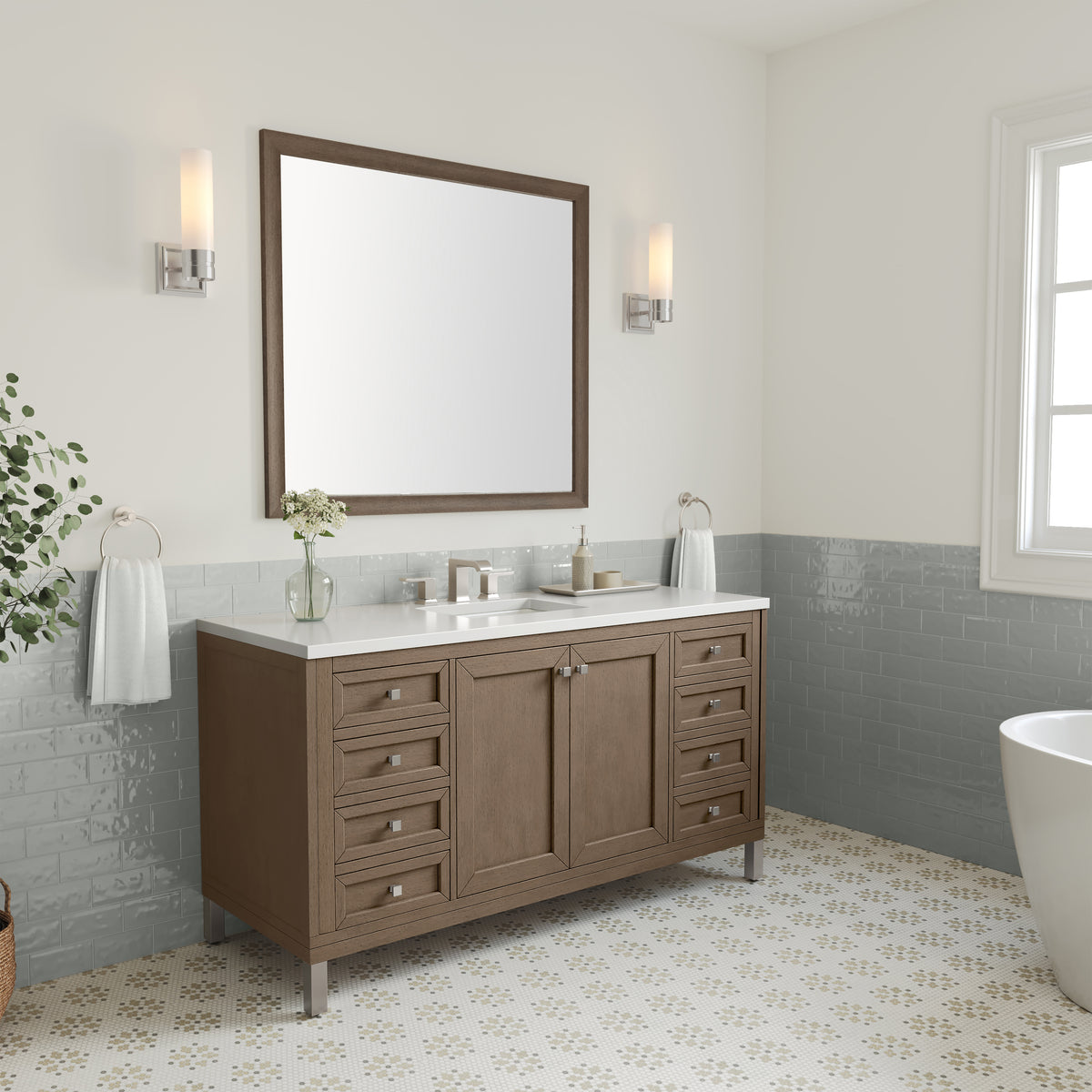 60" Chicago Single Bathroom Vanity, Whitewashed Walnut w/ White Zeus Quartz Top