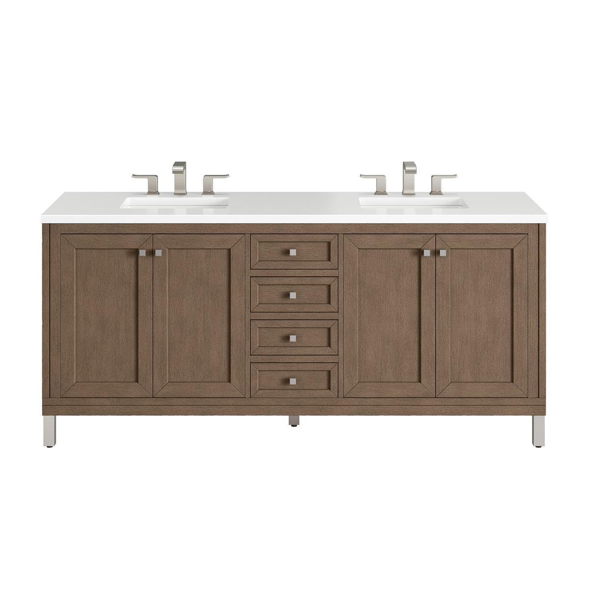72" Chicago Double Bathroom Vanity, Whitewashed Walnut, w/ White Zeus Quartz Top