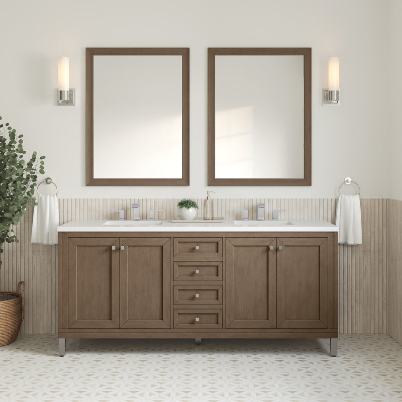 72" Chicago Double Bathroom Vanity, Whitewashed Walnut, w/ White Zeus Quartz Top