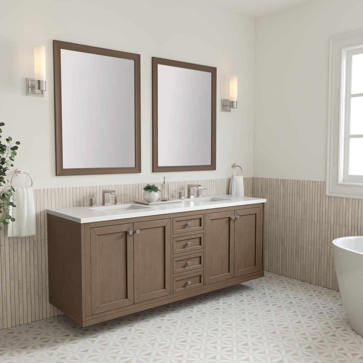 72" Chicago Double Bathroom Vanity, Whitewashed Walnut, w/ White Zeus Quartz Top