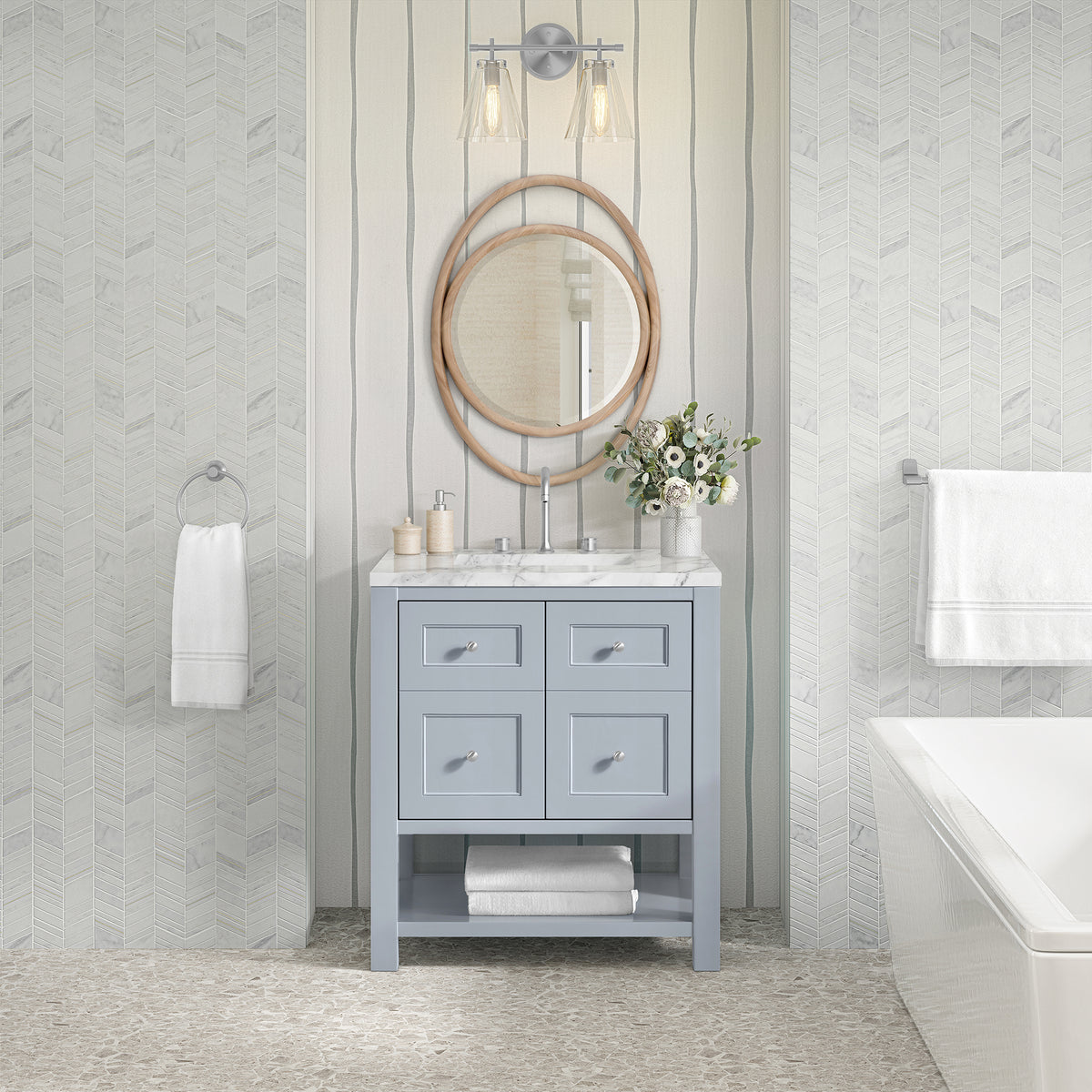 30" Breckenridge Single Vanity, Serenity Blue with Carrara White Marble Top