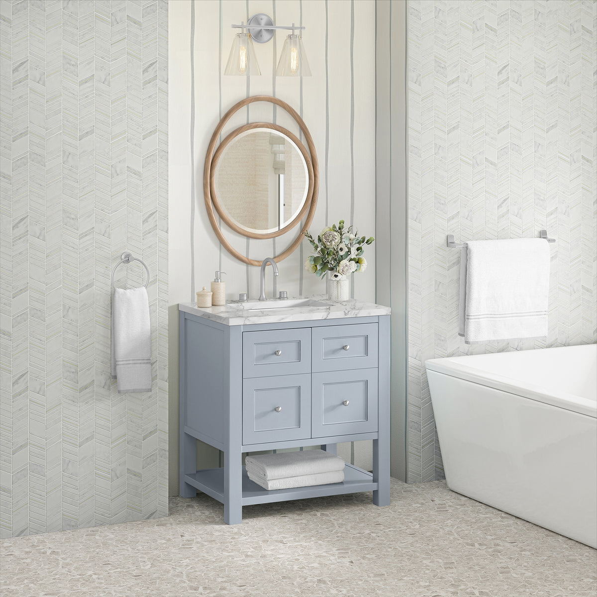 30" Breckenridge Single Vanity, Serenity Blue with Carrara White Marble Top