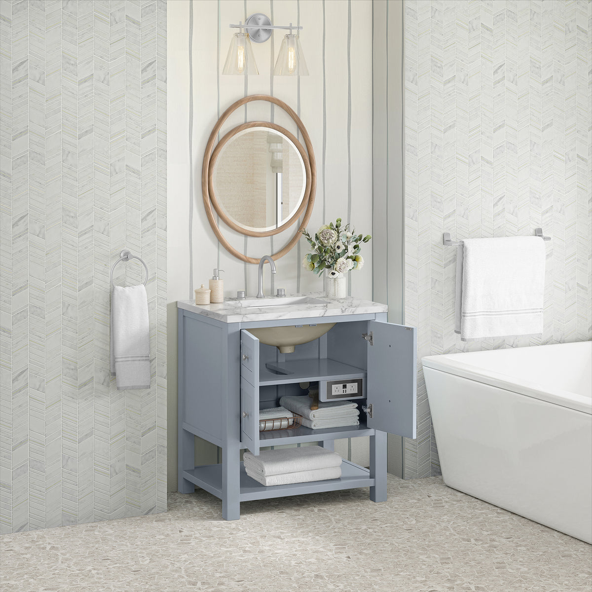 30" Breckenridge Single Vanity, Serenity Blue with Carrara White Marble Top