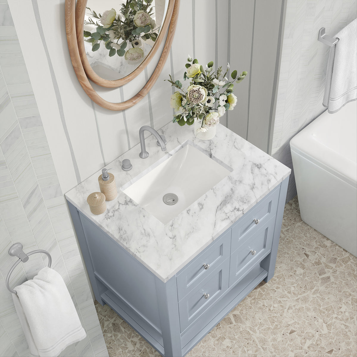 30" Breckenridge Single Vanity, Serenity Blue with Carrara White Marble Top