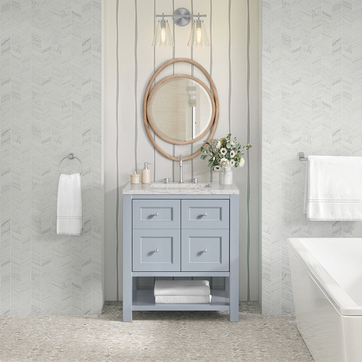 30" Breckenridge Single Vanity, Serenity Blue with Eternal Jasmine Pearl Top