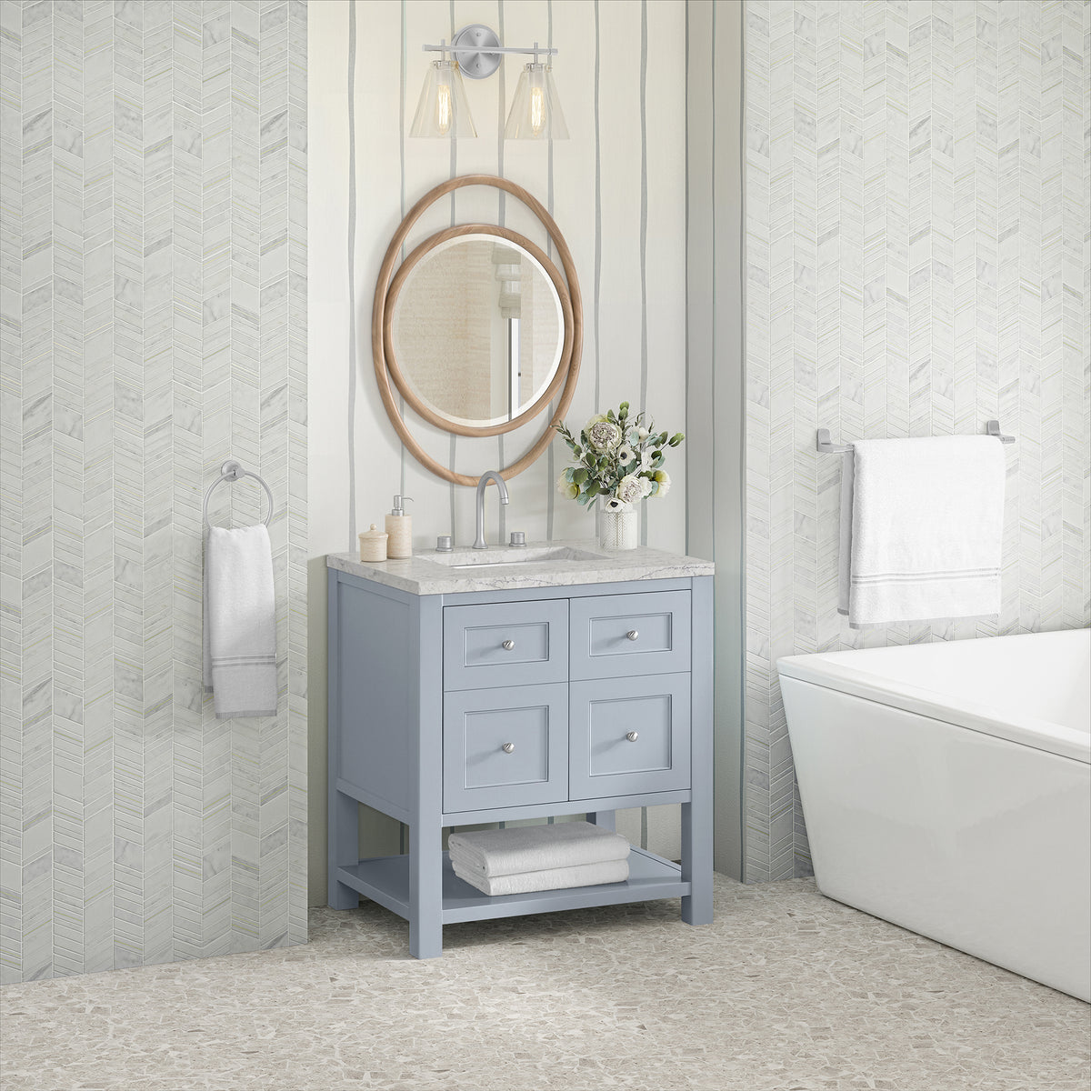 30" Breckenridge Single Vanity, Serenity Blue with Eternal Jasmine Pearl Top