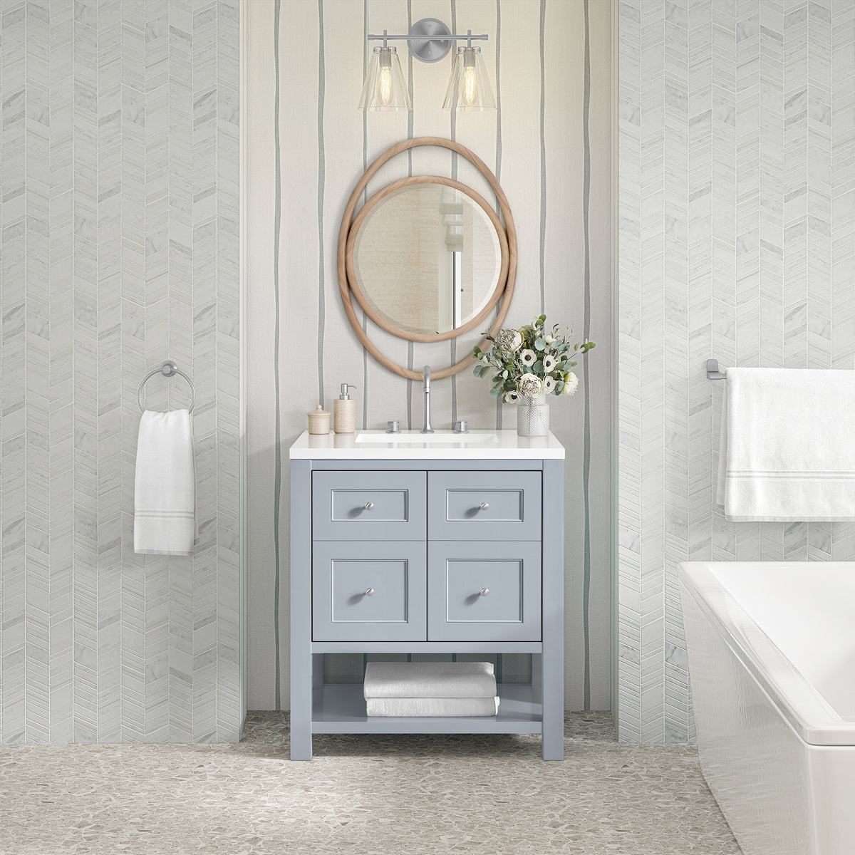 30" Breckenridge Single Vanity, Serenity Blue with White Zeus Top