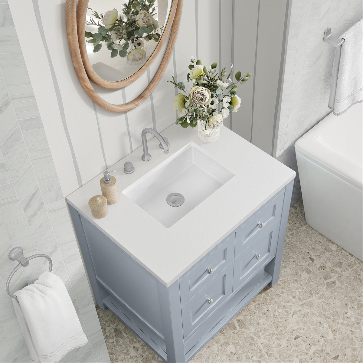 30" Breckenridge Single Vanity, Serenity Blue with White Zeus Top