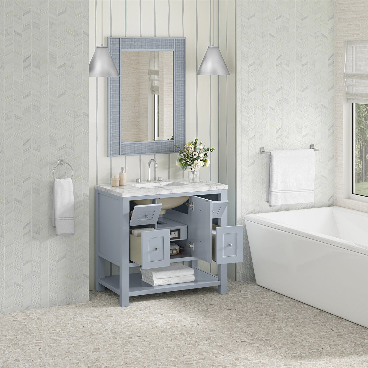 36" Breckenridge Single Vanity, Serenity Blue with Carrara White Marble Top