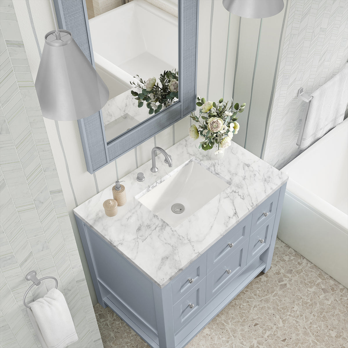 36" Breckenridge Single Vanity, Serenity Blue with Carrara White Marble Top