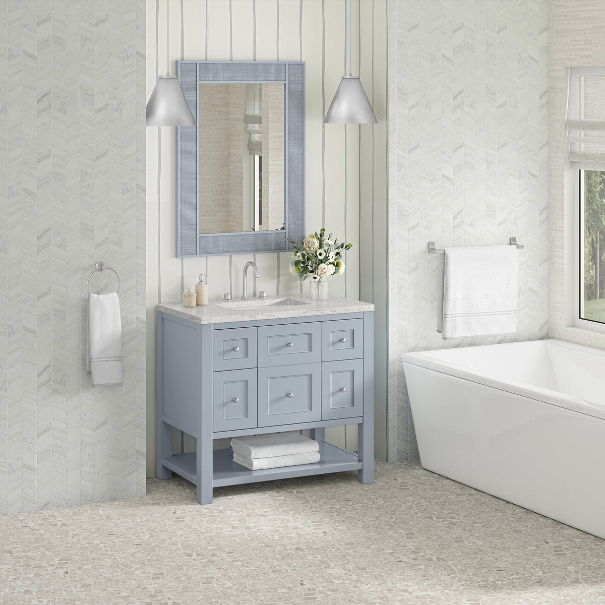 36" Breckenridge Single Vanity, Serenity Blue with Eternal Jasmine Pearl Top