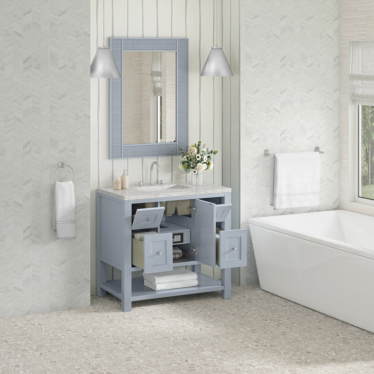 36" Breckenridge Single Vanity, Serenity Blue with Eternal Jasmine Pearl Top