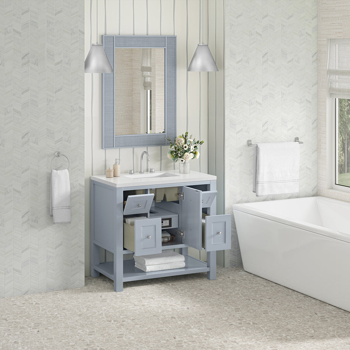 36" Breckenridge Single Vanity, Serenity Blue with White Zeus Top