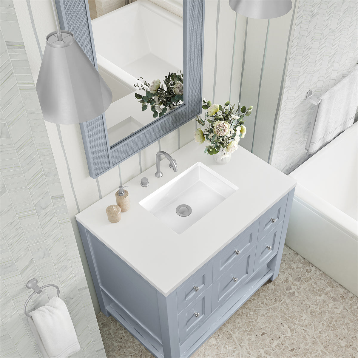 36" Breckenridge Single Vanity, Serenity Blue with White Zeus Top