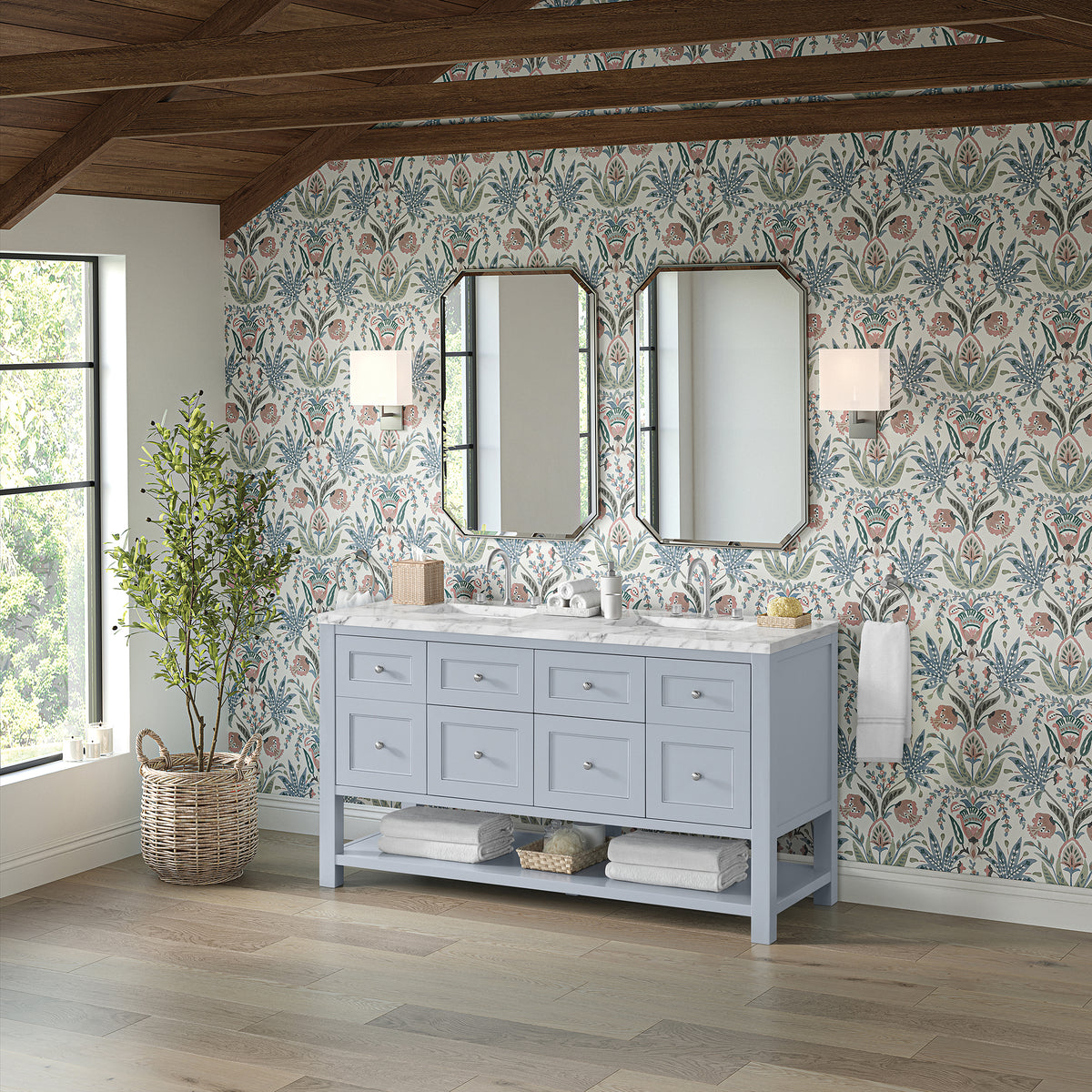 60" Breckenridge Double Vanity, Serenity Blue with Carrara White Marble Top