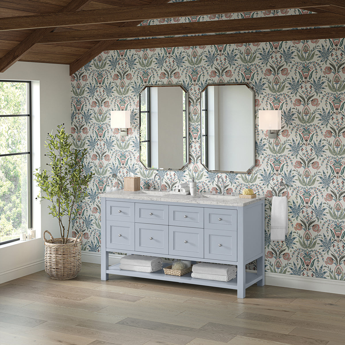 60" Breckenridge Double Vanity, Serenity Blue with Eternal Jasmine Pearl Top
