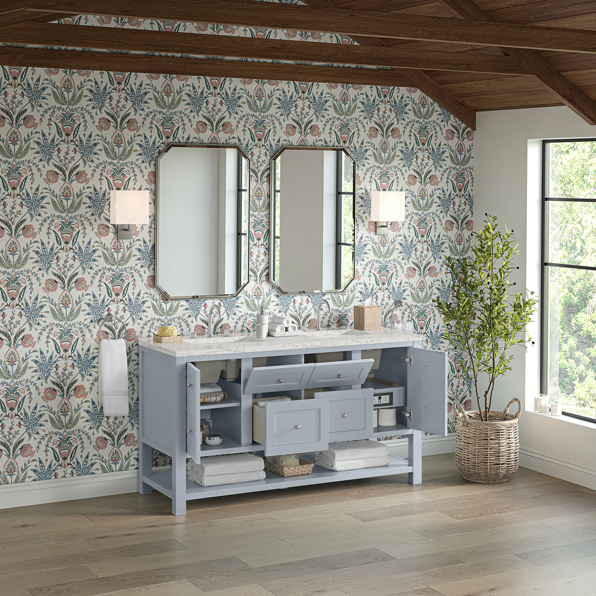 60" Breckenridge Double Vanity, Serenity Blue with Eternal Jasmine Pearl Top