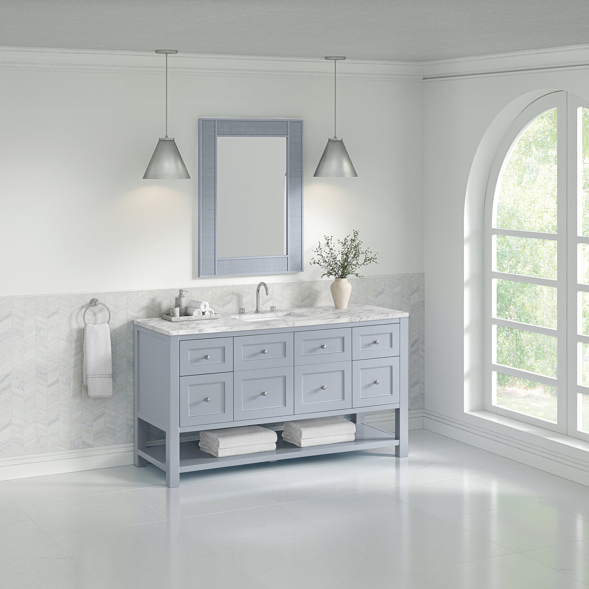 60" Breckenridge Single Vanity, Serenity Blue with Carrara White Marble Top