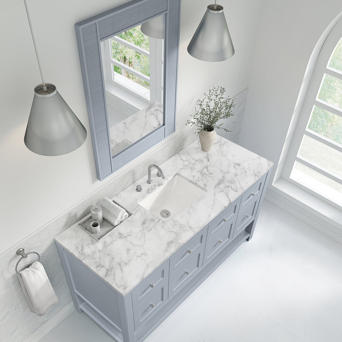 60" Breckenridge Single Vanity, Serenity Blue with Carrara White Marble Top