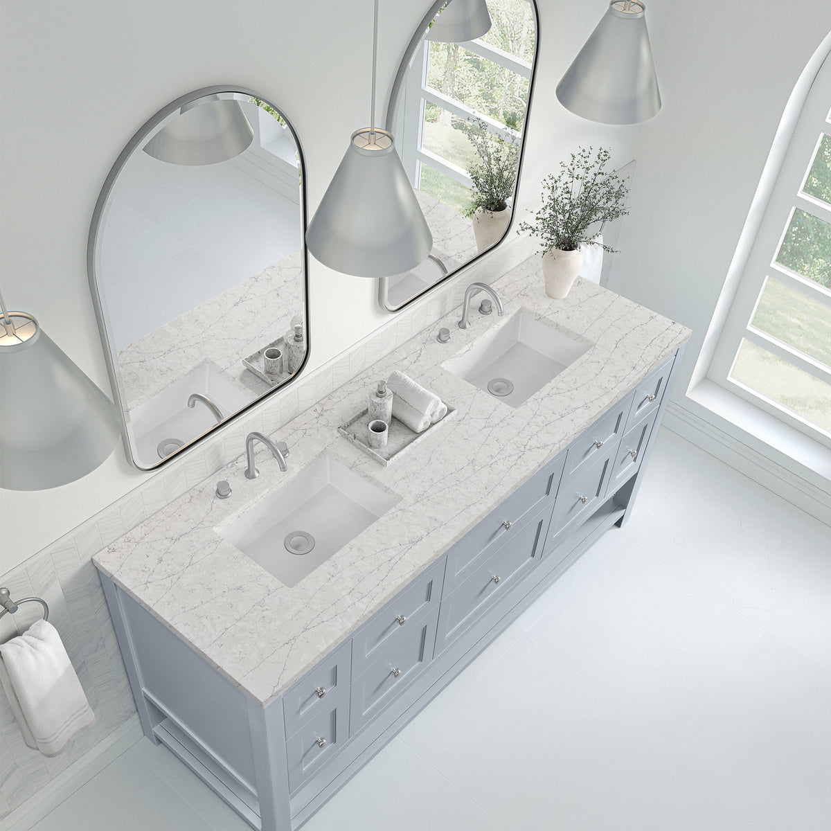 72" Breckenridge Double Vanity, Serenity Blue with Eternal Jasmine Pearl Top